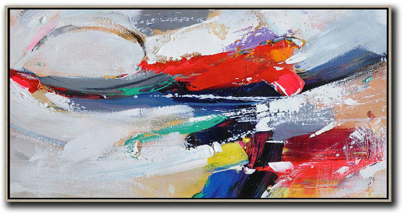 Horizontal Palette Knife Contemporary Art Panoramic Canvas Painting,Modern Abstract Wall Art,White,Red,Grey,Dark Blue